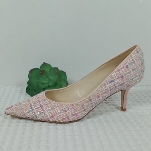 NWOT Nine West Arlene Pointed Toe Tweed Kitten Heel Pumps Size 6 Pink/White/Blue